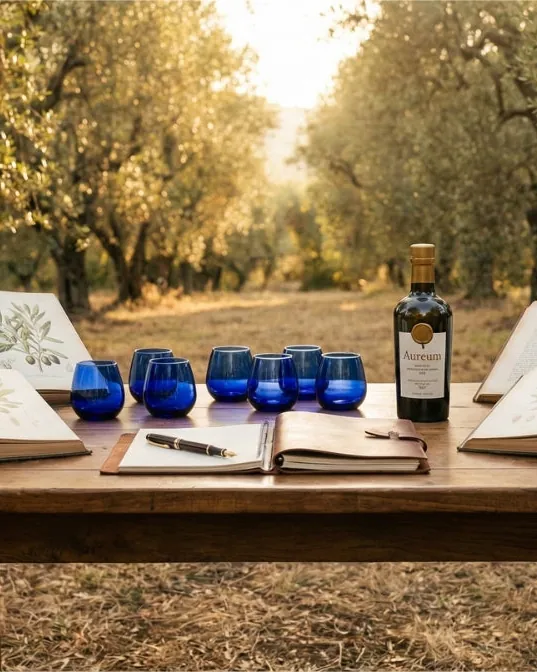 Un tavolo di degustazione tra gli olivi con bicchieri blu e quaderni aperti