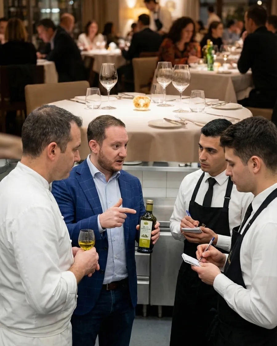 Dario Masciaga forma lo staff di sala di un ristorante sull'olio